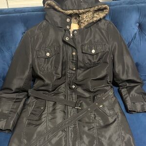 Women's Black Hooded Jacket with Faux Fur Lining
